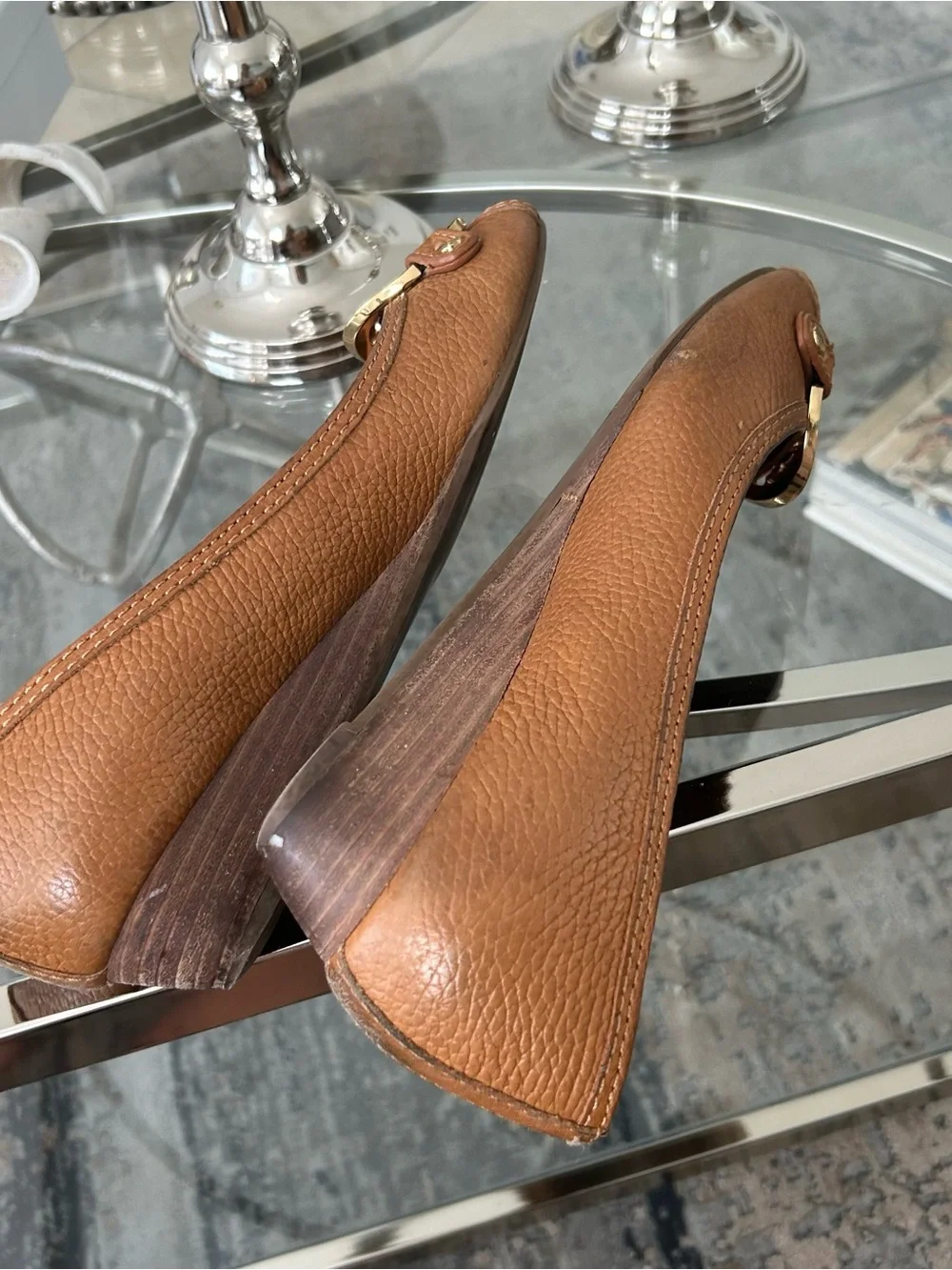 Tory Burch Tan Brown Leather Peep-Toe Flats with Gold Logo